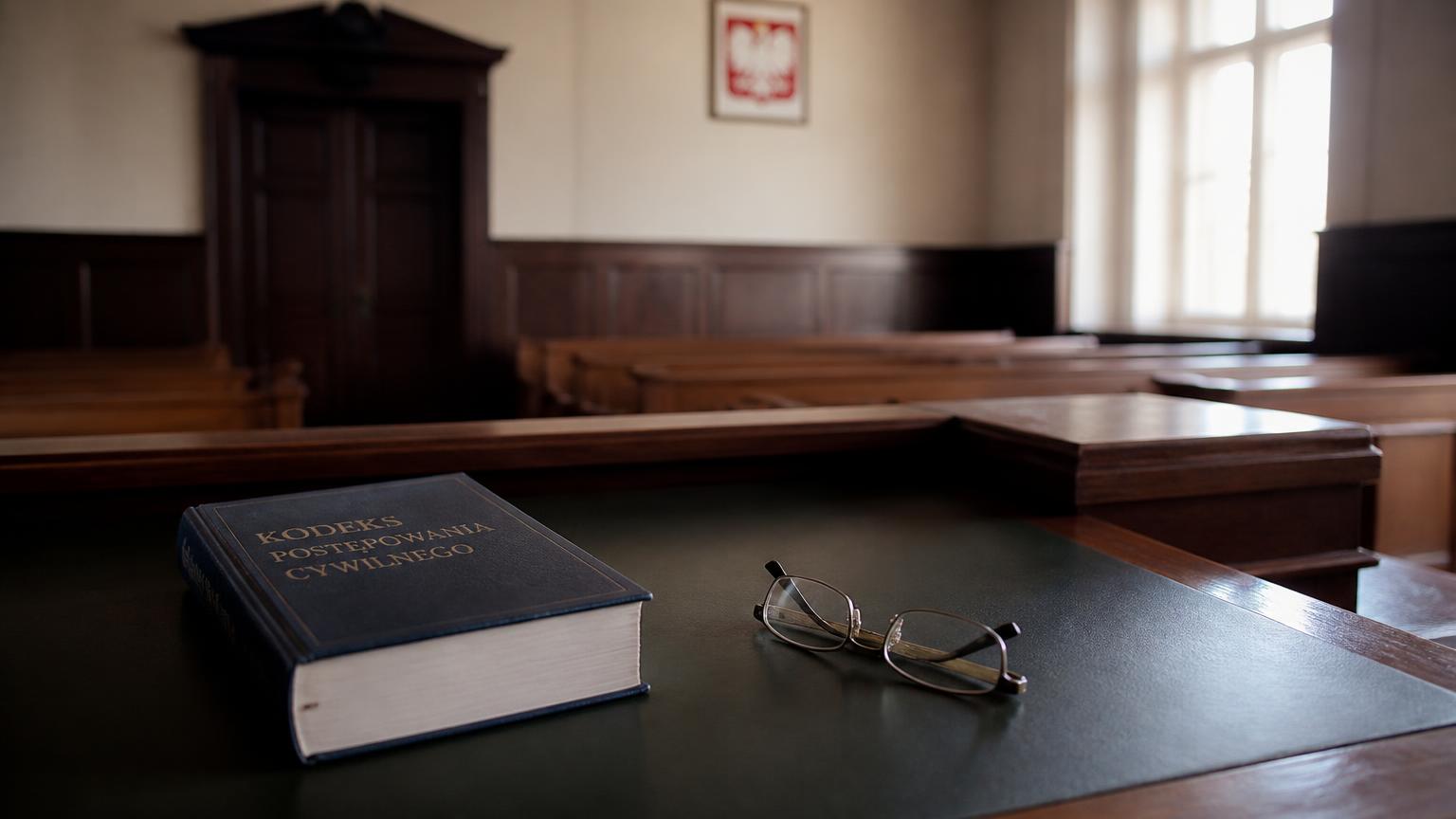 Sala sądowa z młotkiem sędziowskim i księgą prawa — unieważnienie umowy kredytu CHF Getin